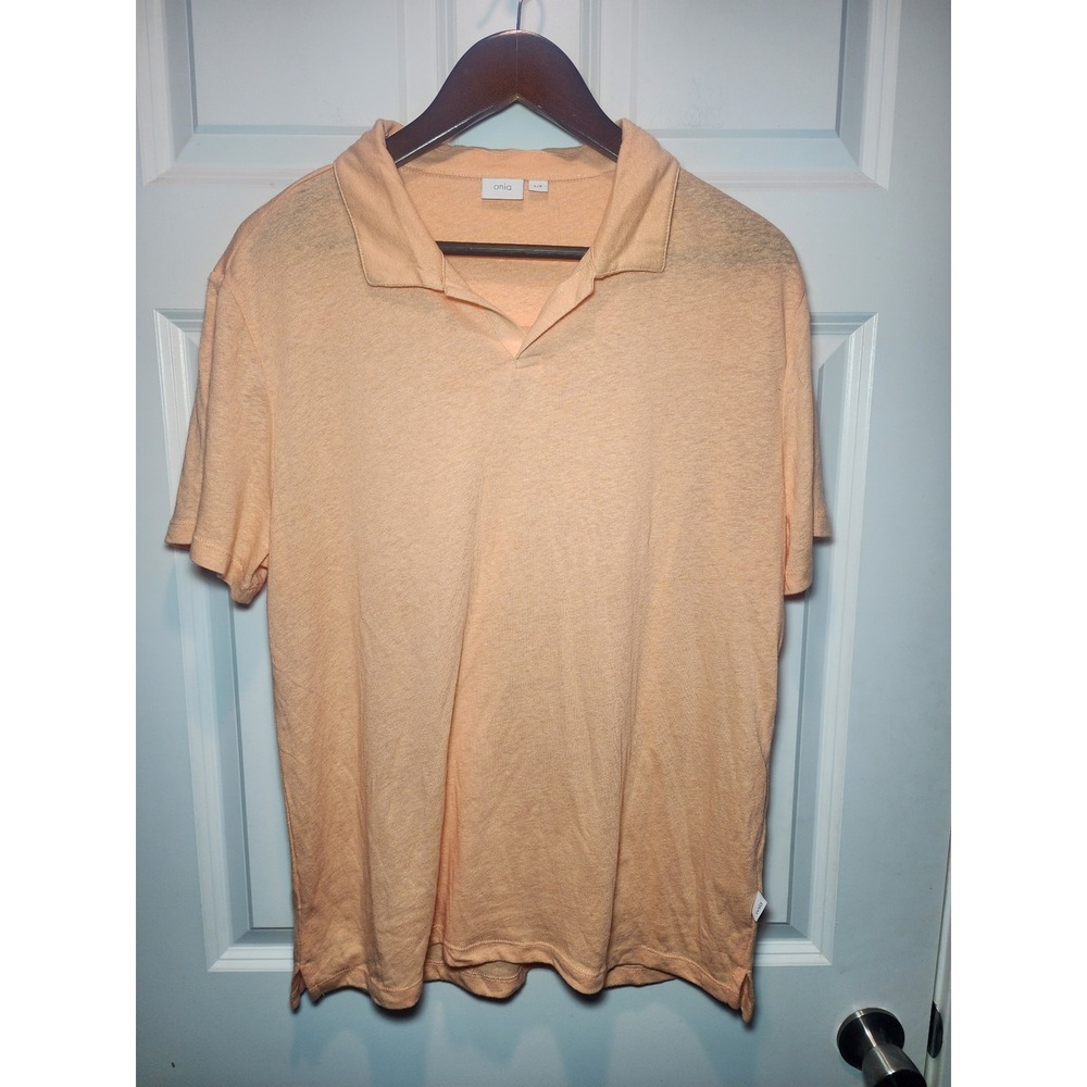 Onia Mens Short Sleeve Polo Shirt Peach Orange V-Neck Size Large L/G
